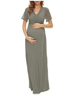 Y Lace Neckline Maternity Dress Lace Short Sleeve Maternity Maxi Dress for Baby Shower Maternity Photoshoot Casual