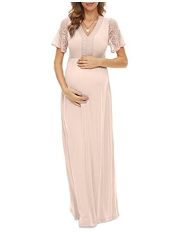 Y Lace Neckline Maternity Dress Lace Short Sleeve Maternity Maxi Dress for Baby Shower Maternity Photoshoot Casual