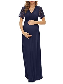 Y Lace Neckline Maternity Dress Lace Short Sleeve Maternity Maxi Dress for Baby Shower Maternity Photoshoot Casual