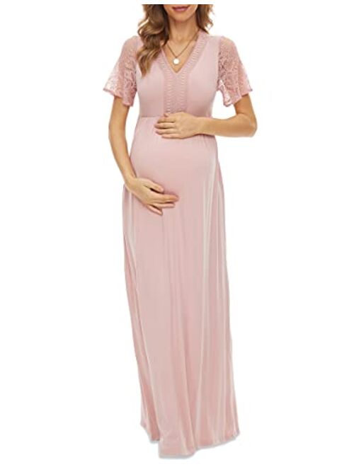 Y Lace Neckline Maternity Dress Lace Short Sleeve Maternity Maxi Dress for Baby Shower Maternity Photoshoot Casual