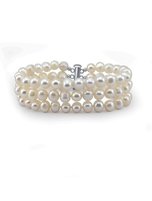 Pearlpro 3-Row White A Grade 6.5-7mm Freshwater Cultured Pearl Bracelet with Base Metal Clasp, 8"