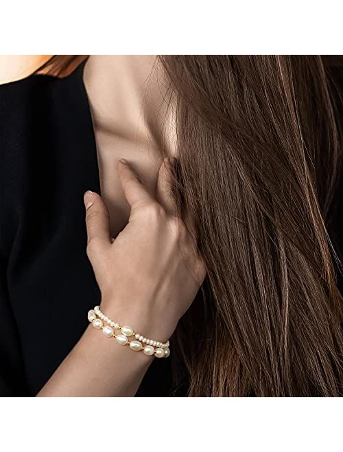 Pearlsays Natural Pearl Bracelets for Women 925 Sterling Silver Plated with Real Gold Layered Bracelets Jewelry for Women Gifts AAAA Quality Real White Freshwater Pearls 