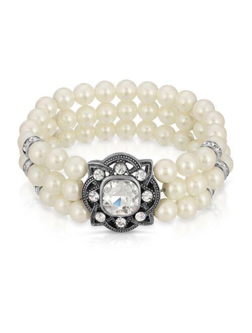 2028 Silver-ToneTone 3-Row Imitation Pearl and Crystal Strectch Bracelet