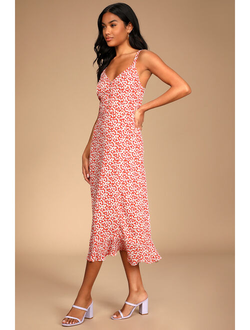 Lulus Darling Daisies Red Floral Print Midi Dress