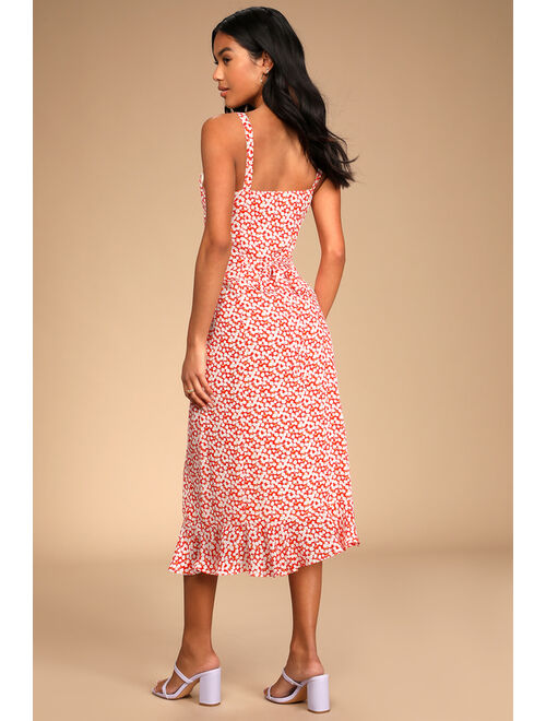 Lulus Darling Daisies Red Floral Print Midi Dress