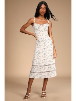 See the Blooms White Floral Print Tie-Strap Midi Dress