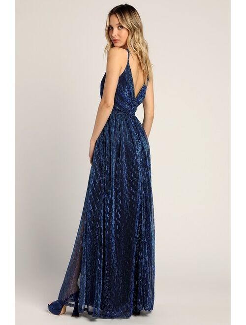 Lulus Beaming with Glam Blue Lurex Sleeveless Maxi Dress