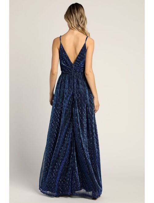 Lulus Beaming with Glam Blue Lurex Sleeveless Maxi Dress