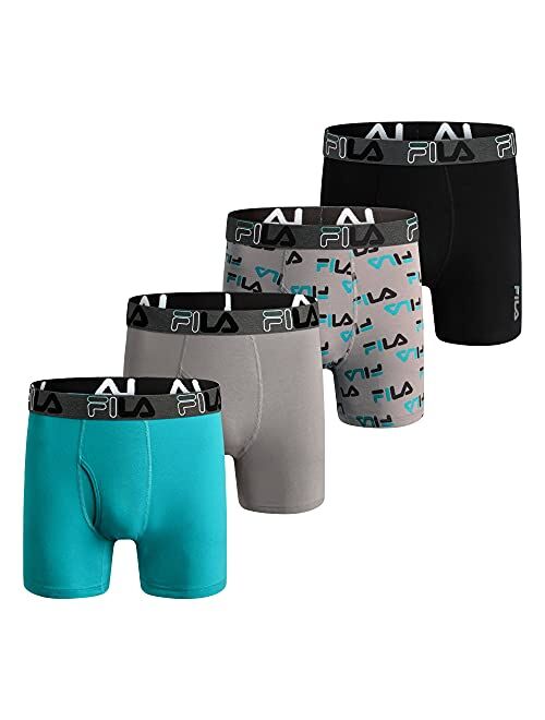 Fila Men's 6" Boxer Briefs with Fly Front, 95% Cotton, 5% Spandex Briefs, 4-Pack