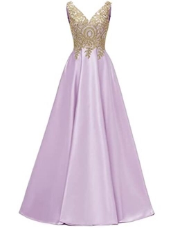 Molisa Appliques Prom Dresses Long V Neck Satin Evening Dress Formal Party Ball Gown with Pockets