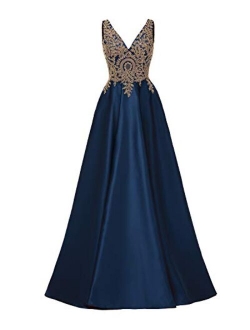 Molisa Appliques Prom Dresses Long V Neck Satin Evening Dress Formal Party Ball Gown with Pockets