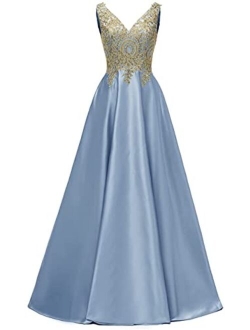 Molisa Appliques Prom Dresses Long V Neck Satin Evening Dress Formal Party Ball Gown with Pockets