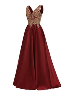 Molisa Appliques Prom Dresses Long V Neck Satin Evening Dress Formal Party Ball Gown with Pockets