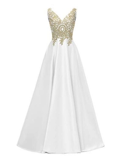 Molisa Appliques Prom Dresses Long V Neck Satin Evening Dress Formal Party Ball Gown with Pockets