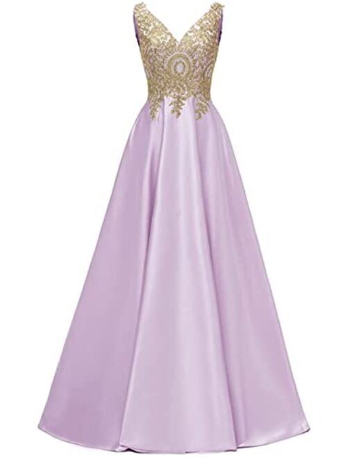 Molisa Appliques Prom Dresses Long V Neck Satin Evening Dress Formal Party Ball Gown with Pockets