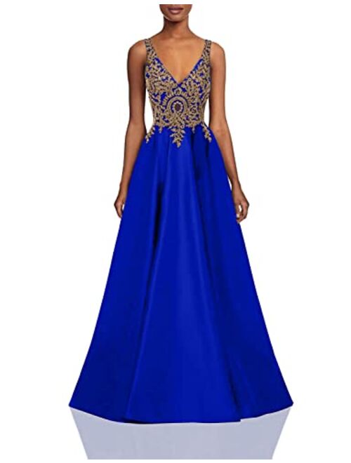 Molisa Appliques Prom Dresses Long V Neck Satin Evening Dress Formal Party Ball Gown with Pockets