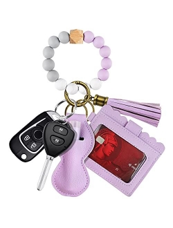 Dgdfldgc Elastic Silicone Beads Wristlet Keyring with Card Pocket Beaded Keychain Bracelet Wristlet Wallet