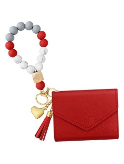 Dgdfldgc Elastic Silicone Beads Wristlet Keyring with Card Pocket Beaded Keychain Bracelet Wristlet Wallet