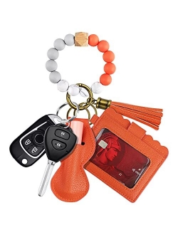 Dgdfldgc Elastic Silicone Beads Wristlet Keyring with Card Pocket Beaded Keychain Bracelet Wristlet Wallet