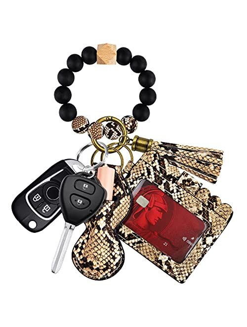 Dgdfldgc Elastic Silicone Beads Wristlet Keyring with Card Pocket Beaded Keychain Bracelet Wristlet Wallet