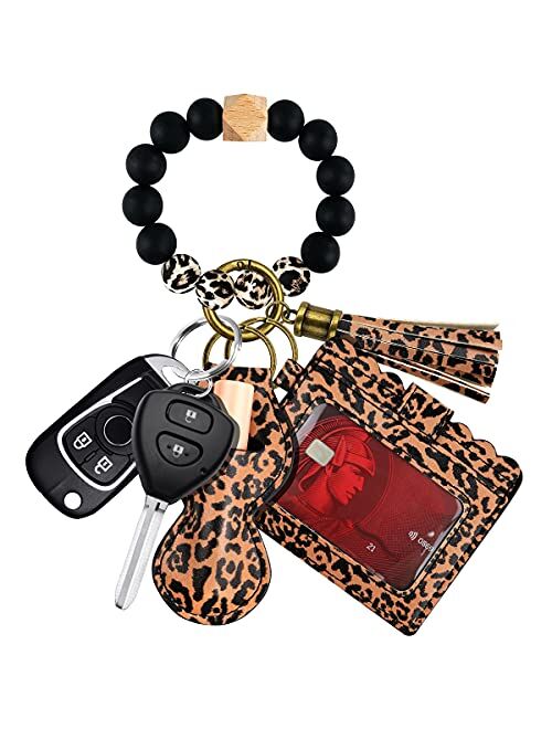 Dgdfldgc Elastic Silicone Beads Wristlet Keyring with Card Pocket Beaded Keychain Bracelet Wristlet Wallet