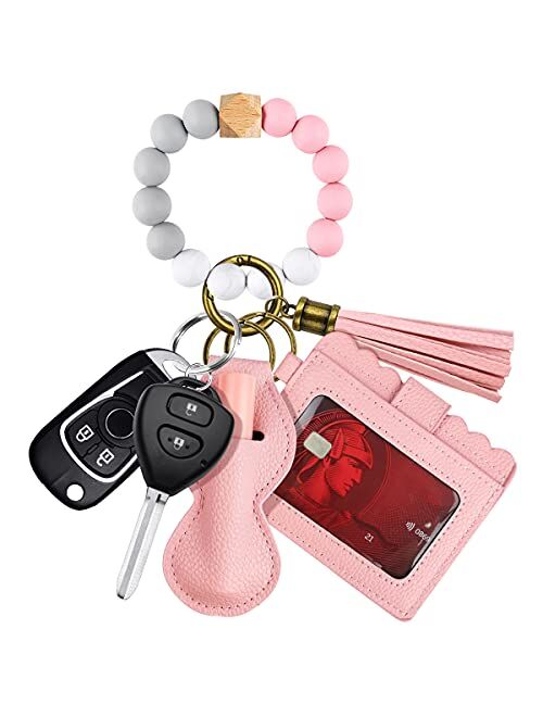 Dgdfldgc Elastic Silicone Beads Wristlet Keyring with Card Pocket Beaded Keychain Bracelet Wristlet Wallet