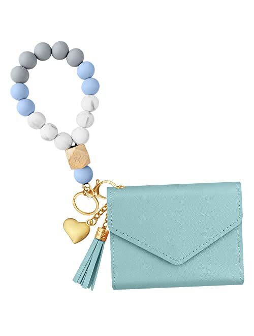 Dgdfldgc Elastic Silicone Beads Wristlet Keyring with Card Pocket Beaded Keychain Bracelet Wristlet Wallet