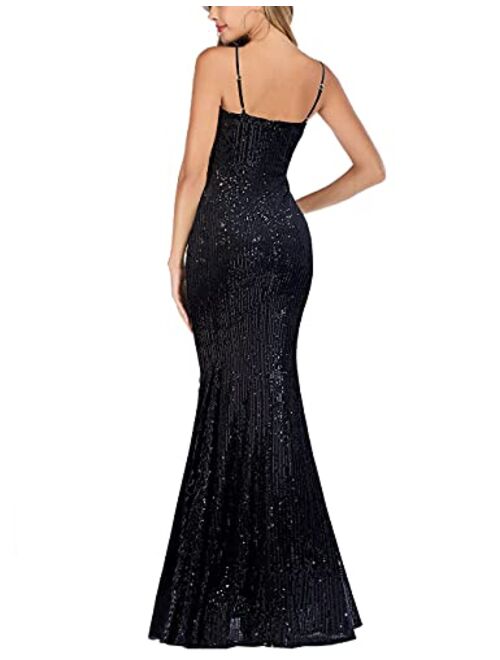 A ARFAR Prom Dress for Women Sphagetti Strap Sequin Party Dress Sexy Split Women's V-Neck Formal Maxi Dresses Summer