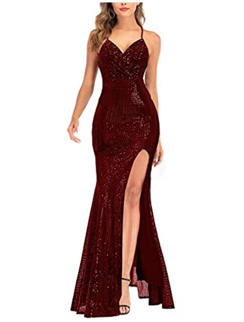 A ARFAR Prom Dress for Women Sphagetti Strap Sequin Party Dress Sexy Split Women's V-Neck Formal Maxi Dresses Summer