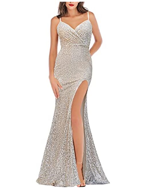 A ARFAR Prom Dress for Women Sphagetti Strap Sequin Party Dress Sexy Split Women's V-Neck Formal Maxi Dresses Summer