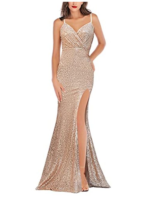 A ARFAR Prom Dress for Women Sphagetti Strap Sequin Party Dress Sexy Split Women's V-Neck Formal Maxi Dresses Summer