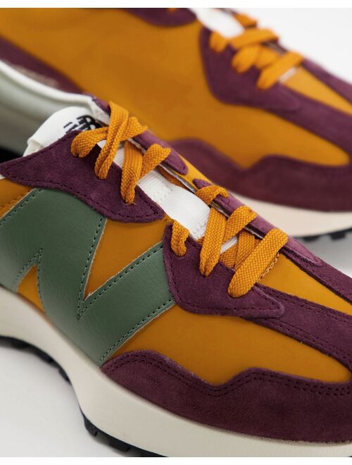 New Balance 327 suede sneakers in dark burgundy and orange