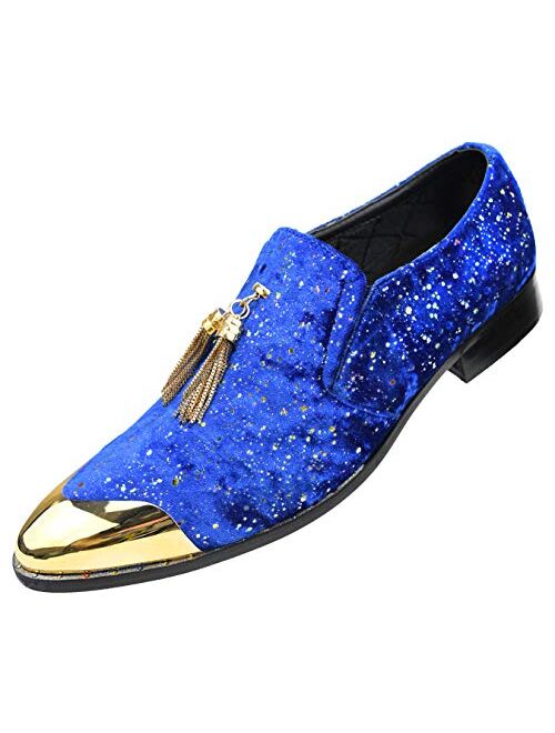 Amali Chaz, Men's Slippers - Loafers Men Slip on Shoes - Mens Casual Shoes - Man Made Velvet, Tuxedo Shoes - Metal Gold Chain Tassel & Gold Metal Tip, Dress Shoes - Gift