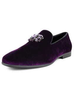 Amali Tiago- The Original Men's Faux Velvet Slip On Loafer with Jeweled Bit and Matching Piping - Mens Smoking Slip On Shoes - Formal Tuxedo Dress Shoe Loafers for Men