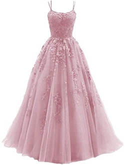 Spaghetti Strap Prom Dress Tulle Prom Dresses 2022 Ball Gowns Lace Appliques A Line Prom Dress Long Ball Gown