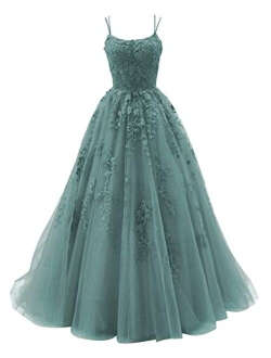 Spaghetti Strap Prom Dress Tulle Prom Dresses 2022 Ball Gowns Lace Appliques A Line Prom Dress Long Ball Gown