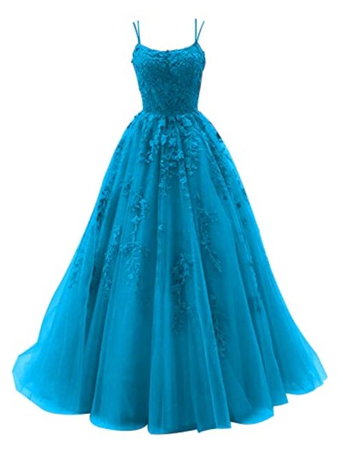 Spaghetti Strap Prom Dress Tulle Prom Dresses 2022 Ball Gowns Lace Appliques A Line Prom Dress Long Ball Gown