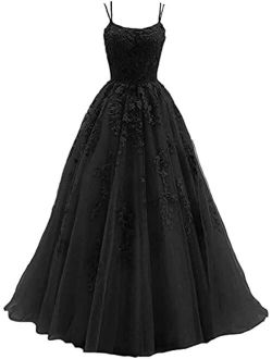 Women's Lace Applique Prom Dresses Long Spaghetti Straps Ball Gown Tulle Formal Evening Party Gowns