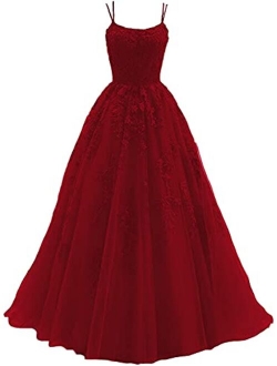 Women's Lace Applique Prom Dresses Long Spaghetti Straps Ball Gown Tulle Formal Evening Party Gowns