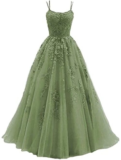 Women's Lace Applique Prom Dresses Long Spaghetti Straps Ball Gown Tulle Formal Evening Party Gowns