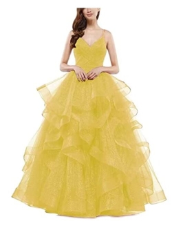 Sparkly Tulle Ball Gown Long Glitter Ruffled Prom Spaghetti Straps Formal Evening Party Gowns for Women