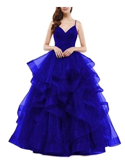 Sparkly Tulle Ball Gown Long Glitter Ruffled Prom Spaghetti Straps Formal Evening Party Gowns for Women