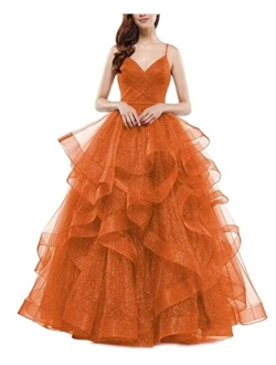 Sparkly Tulle Ball Gown Long Glitter Ruffled Prom Spaghetti Straps Formal Evening Party Gowns for Women