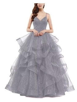 Sparkly Tulle Ball Gown Long Glitter Ruffled Prom Spaghetti Straps Formal Evening Party Gowns for Women