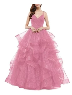 Sparkly Tulle Ball Gown Long Glitter Ruffled Prom Spaghetti Straps Formal Evening Party Gowns for Women