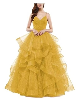 Sparkly Tulle Ball Gown Long Glitter Ruffled Prom Spaghetti Straps Formal Evening Party Gowns for Women