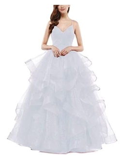 Sparkly Tulle Ball Gown Long Glitter Ruffled Prom Spaghetti Straps Formal Evening Party Gowns for Women