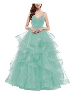 Sparkly Tulle Ball Gown Long Glitter Ruffled Prom Spaghetti Straps Formal Evening Party Gowns for Women