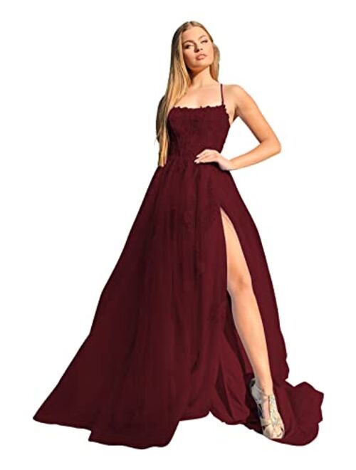 Clothfun Elegant Lace Appliques Prom Dress with Slit Long Spaghetti Straps Tulle Formal Ball Gowns Cf046