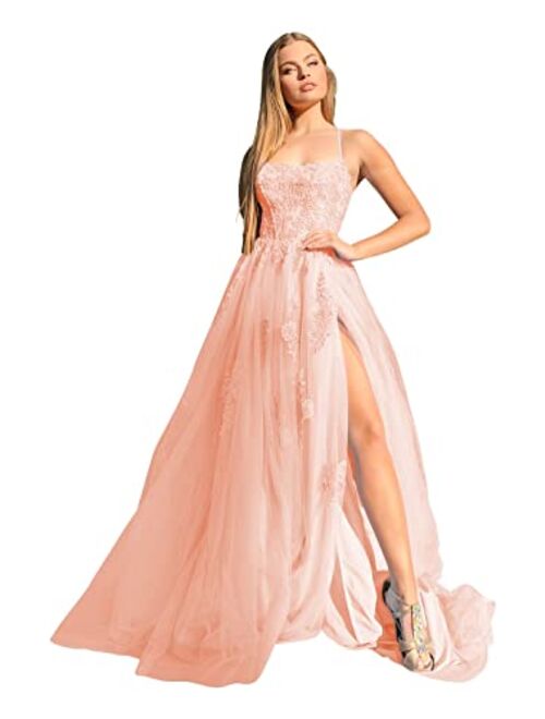 Clothfun Elegant Lace Appliques Prom Dress with Slit Long Spaghetti Straps Tulle Formal Ball Gowns Cf046